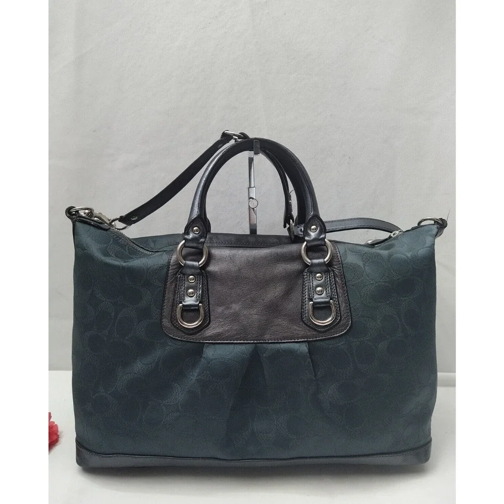 Coach Ashley Signature Dark Blue Canvas Black Leather Trim Satchel Shoulder Bag